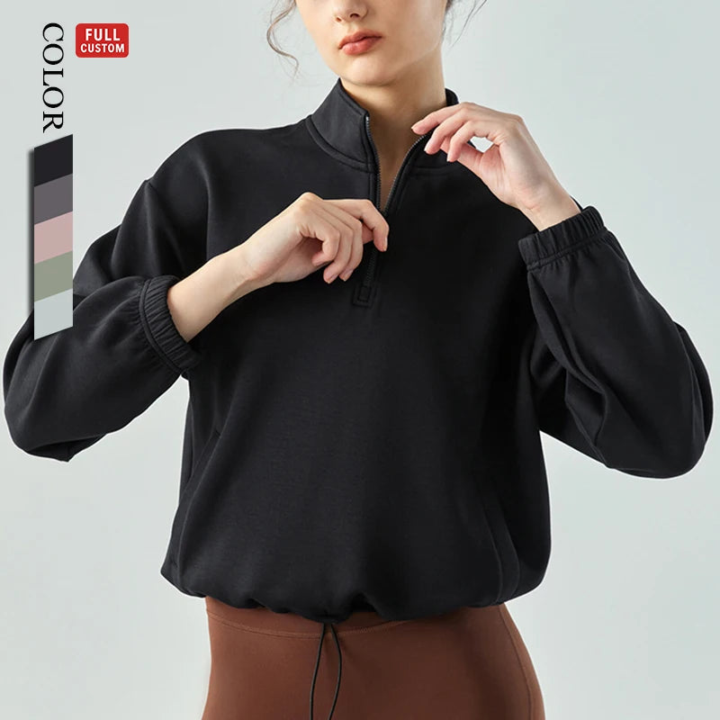 Custom Winter Puff Sports Half Zip Women Pullover Activewear Jacket Hoodie