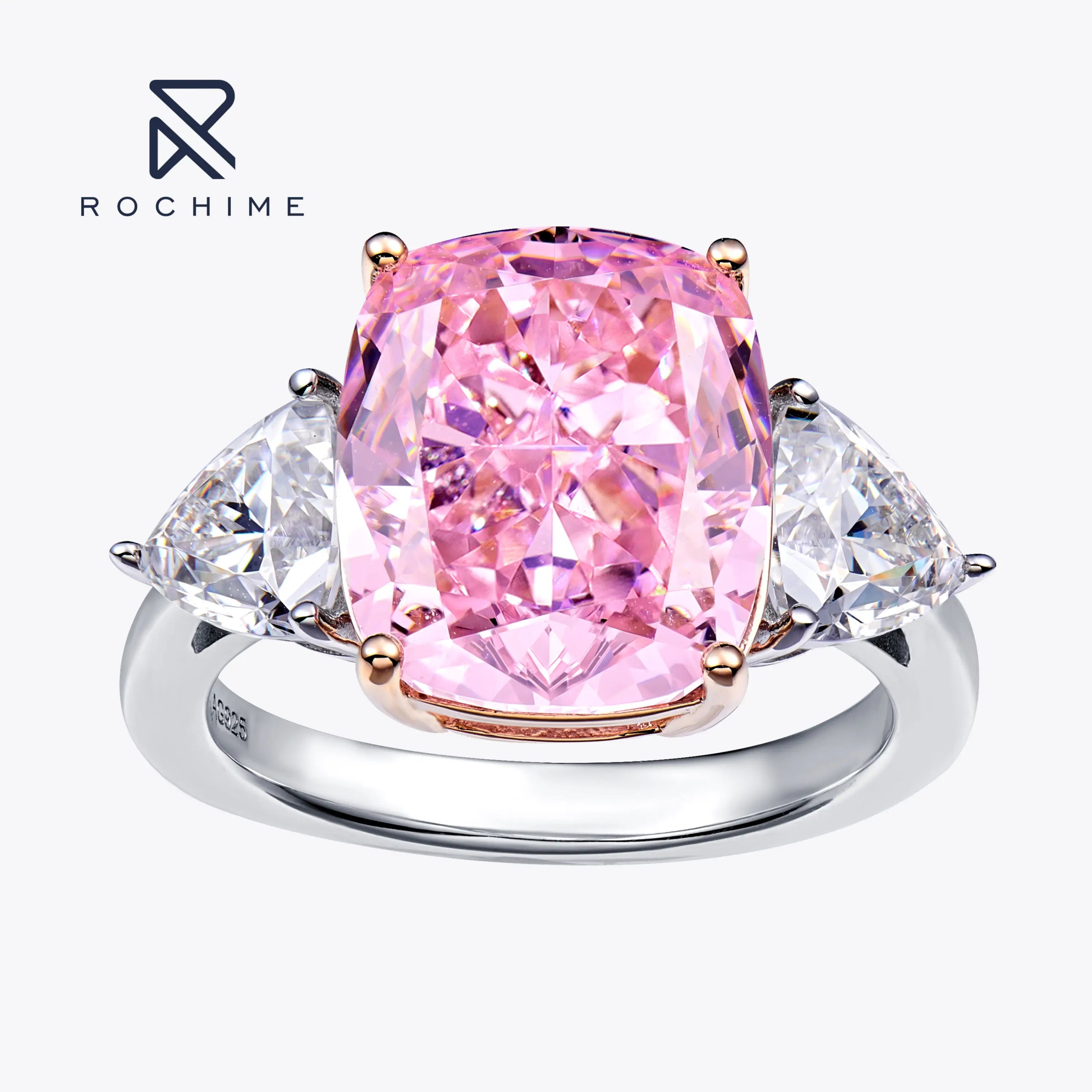 Rochime Luxury 8 Carat Three Stone pink Gemstone Ring 925 Sterling Silver Rhodium Plated 5a Zircon Jewelry for Women