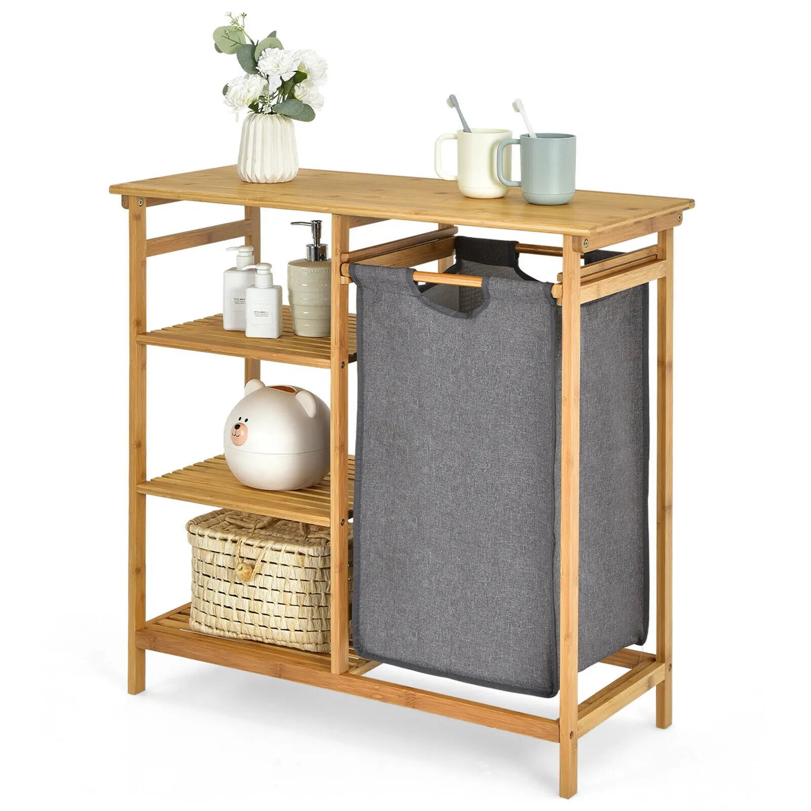 Laundry Hamper Basket Table Bamboo Organizer Storage Shelves and Sliding Bag