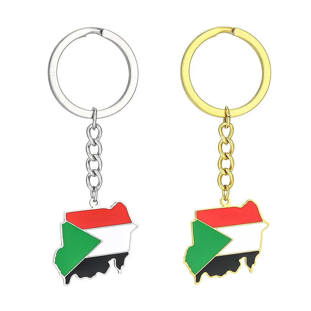 Manufacturer Enameled Sudan Flag Charm Keychain Stainless Steel 18K Gold Plated Enamel Sudan Map Pendant Key Chain