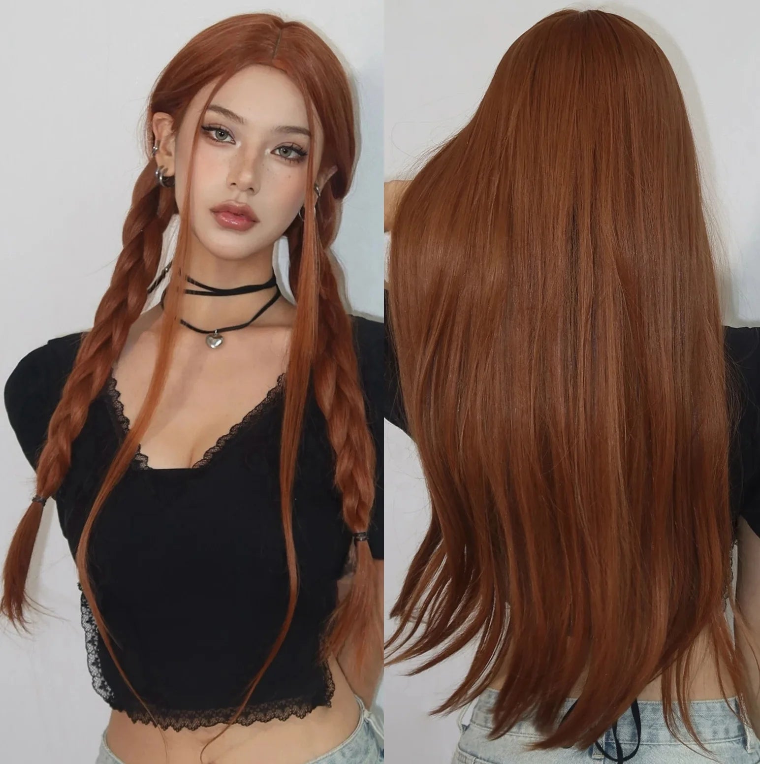 Factory Inventory Dark Ginger Orange Straight Synthetic Wig Cosplay Wigs Middle Part for Women Afro Natural Heat Resistant