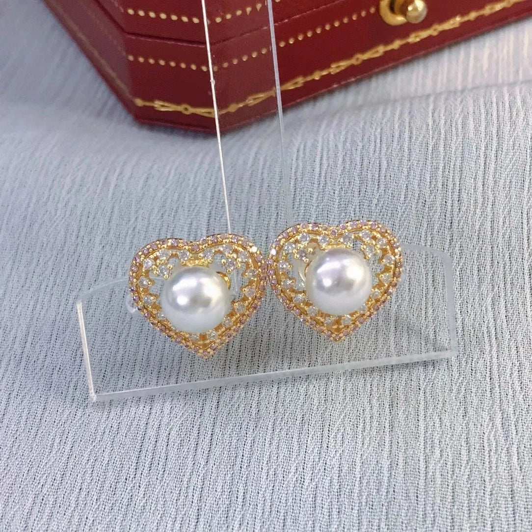 E1990 7-8mm DIY Natural Freshwater Pearl Charm Earrings Mounting Accessory 925 Sterling Silver Gold Plated  Jewelry for Women