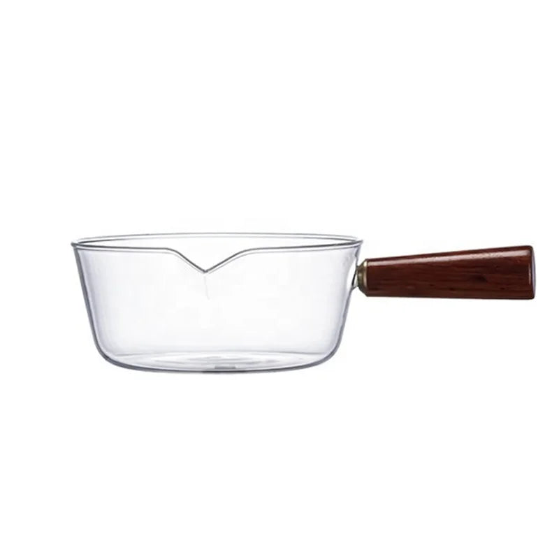 Borosilicate Glass Pan with Wooden Handle for Salad Instant Noodle Fruit Cooking on Induction Cooker (400ml/600ml Capacity)