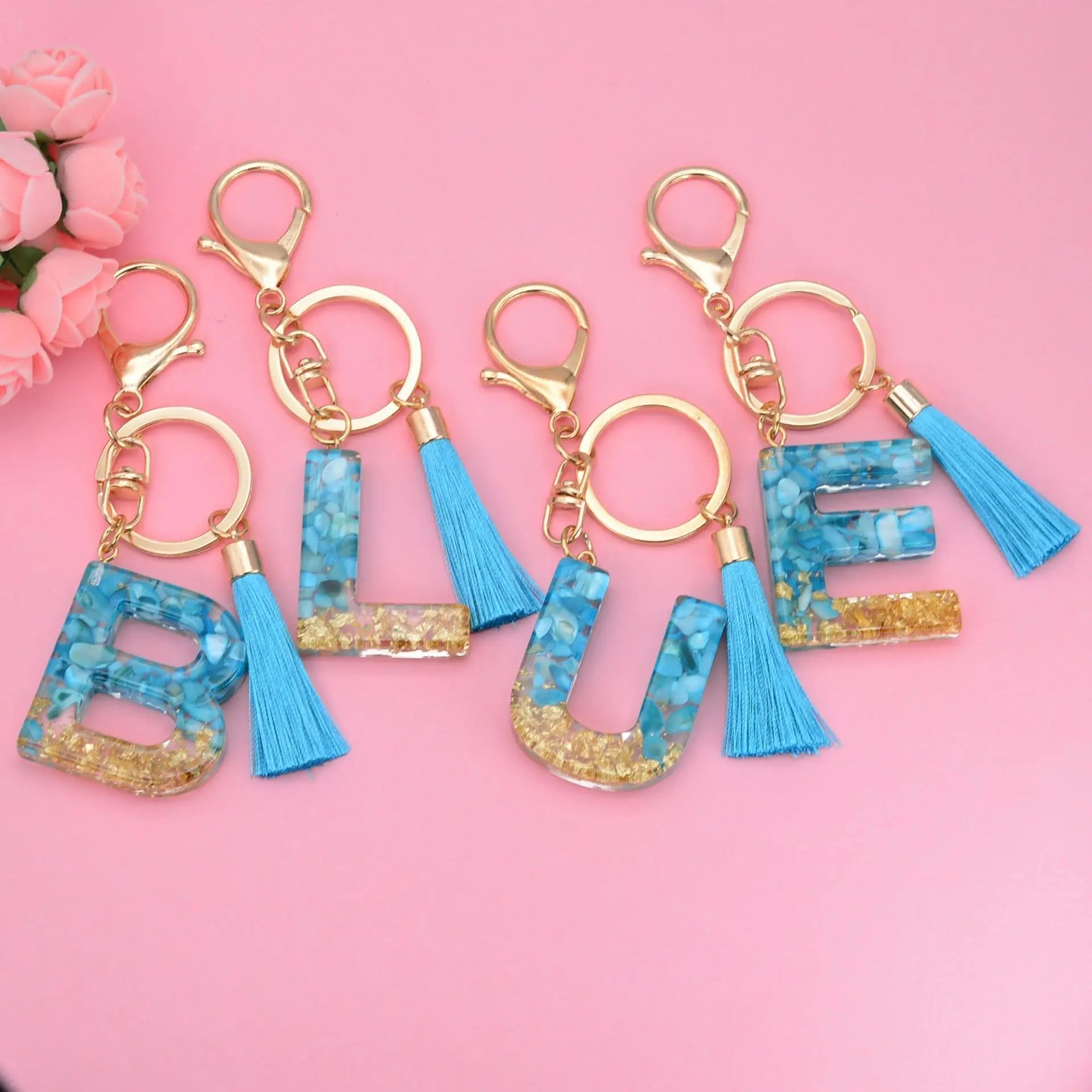Hot Selling Blue Tassel Key Chain 26 English Letters Charm Simple Man and Woman Car Bag Gift Epoxy Resin Key Chain