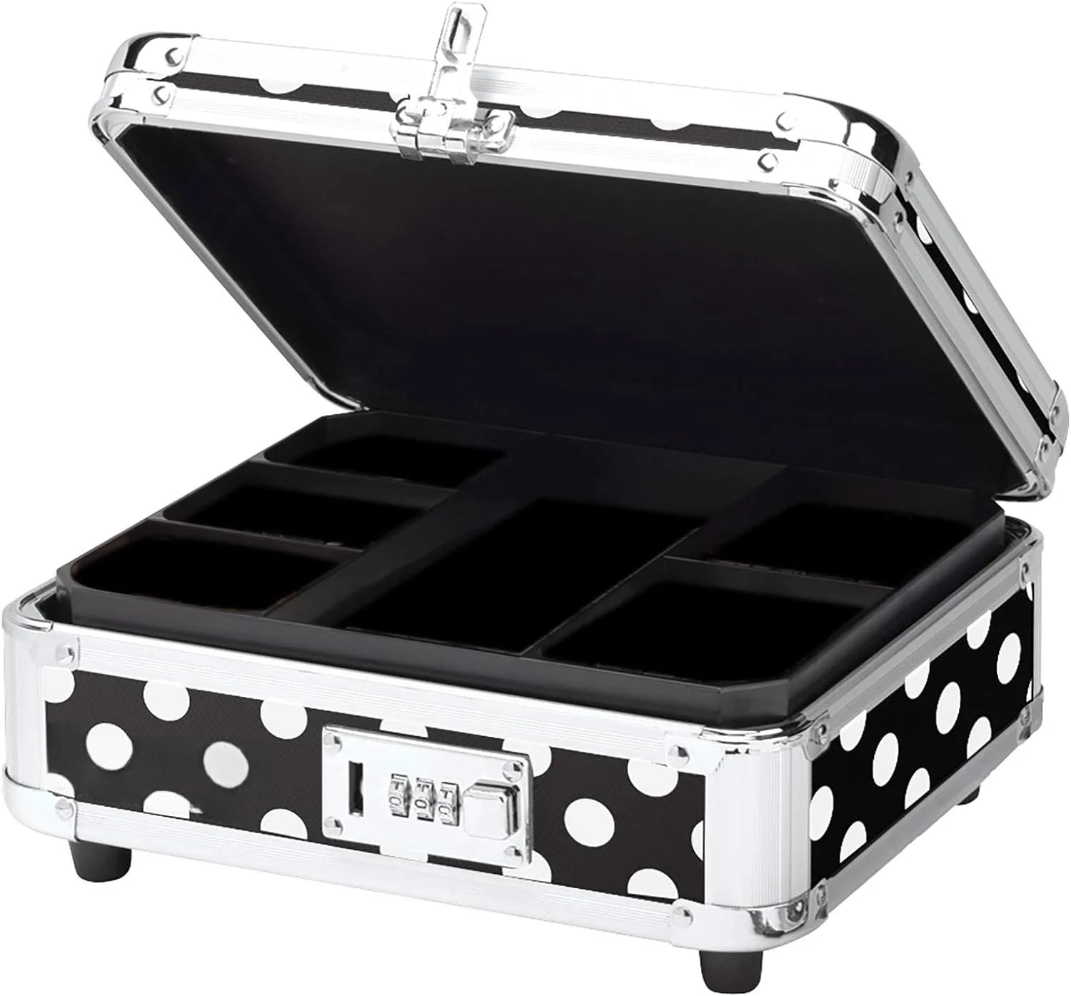 AluminumLocking Cash Box with Bill and Coin Tray Combination Lock 8.5 X 4 X 10 Inches Polka Dot Design