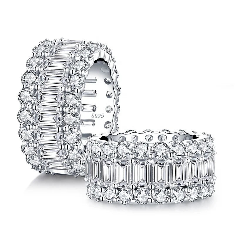 Luxury 5A CZ Silver Eternity Band Rings Baguette Cut with Rhodium Plating Classic Style for Wedding Party and Anniversary