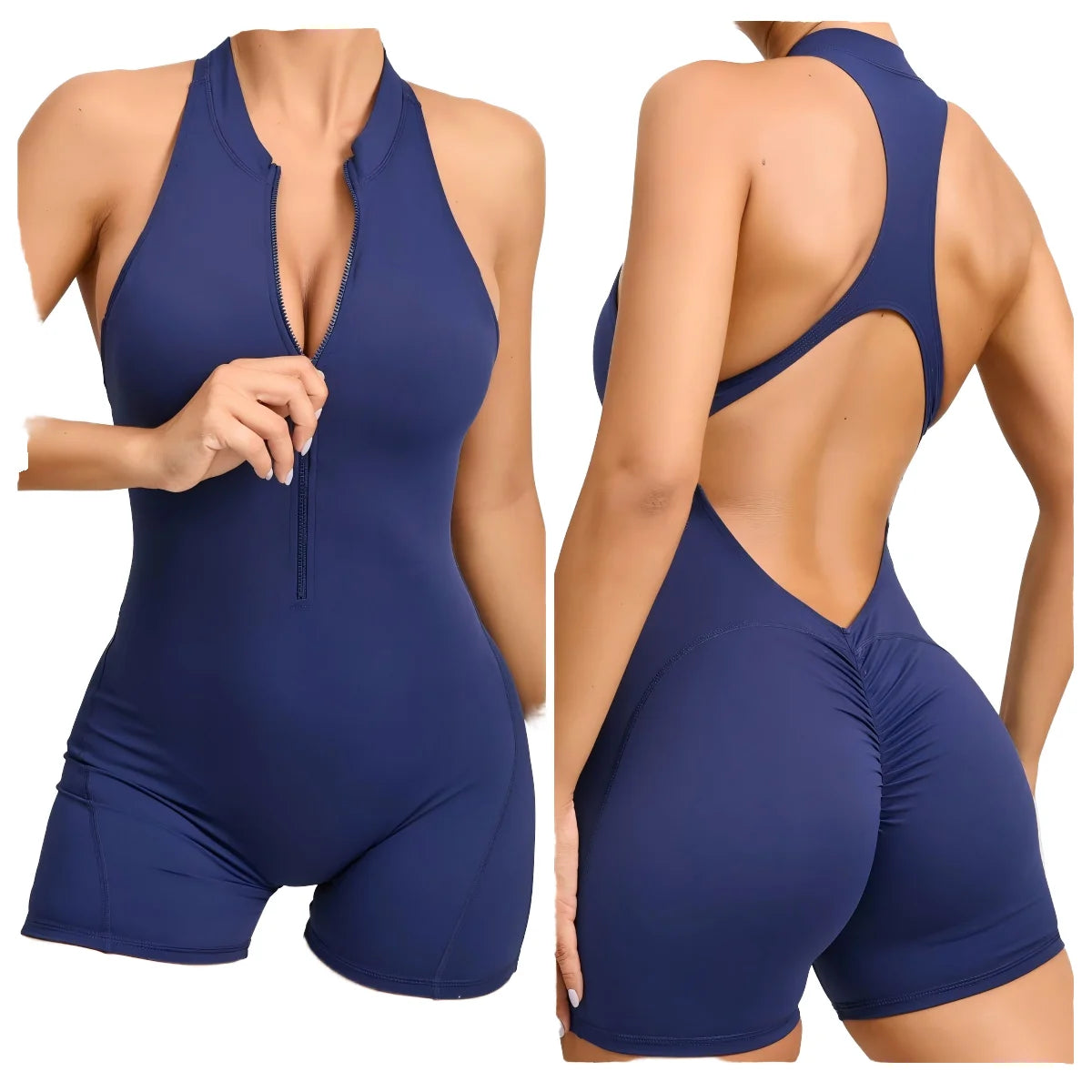 PASUXI New Women's Summer Sports Bodysuit Zipper Sleeveless Yoga Jumpsuit Scrunch Butt Lift Shorts One Piece Sport Jumpsuit