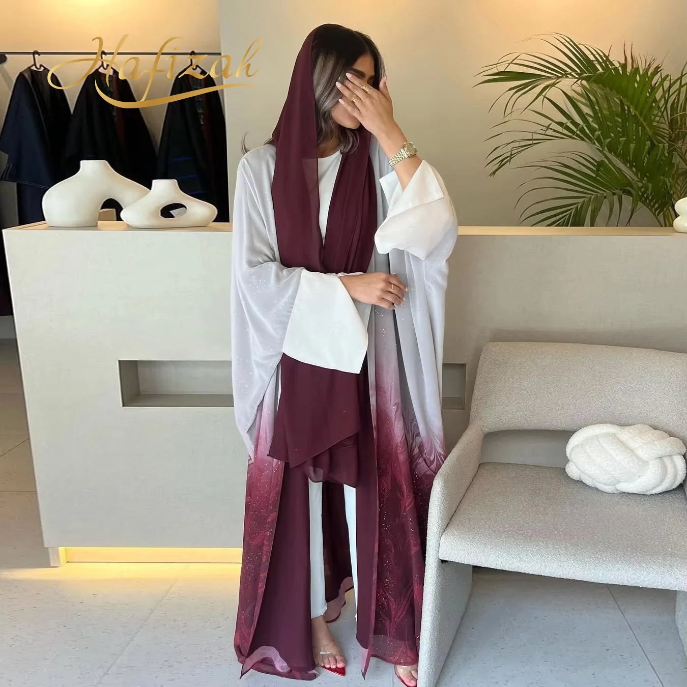 Hafizah 2026 Dubai Luxury Ombre Print Chiffon Muslim Open Abaya 2 Piece Set Modest Outfit