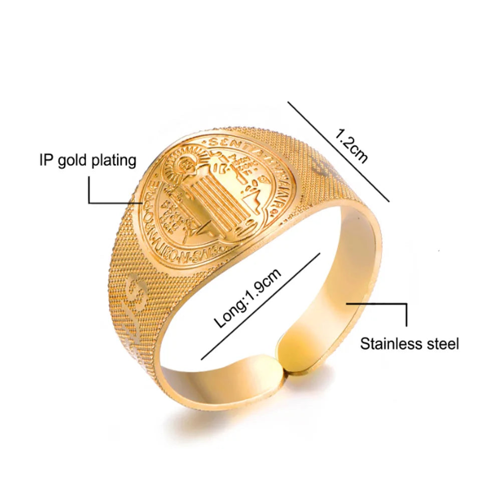 Fashion Trendy Stainless Steel Jesus Saint Benedict Engraving Finger Ring Steel and Gold Colors Open Cuff Design