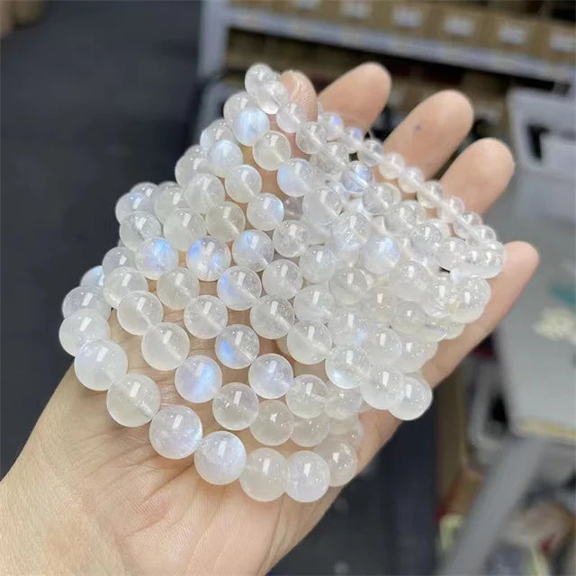 New Arrivals 7-9mm Crystals Healing Fashion Jewelry Natural Stone Blue Flash Moonstone Elastic Bracelets for Gift