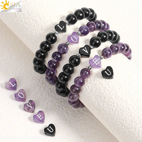 Amethysts Obsidian Rose Quartz Bracelet 26 Letter A-Z Initial Heart Shape 8mm Crystal Beads Real Natural Stone Bracelet H283