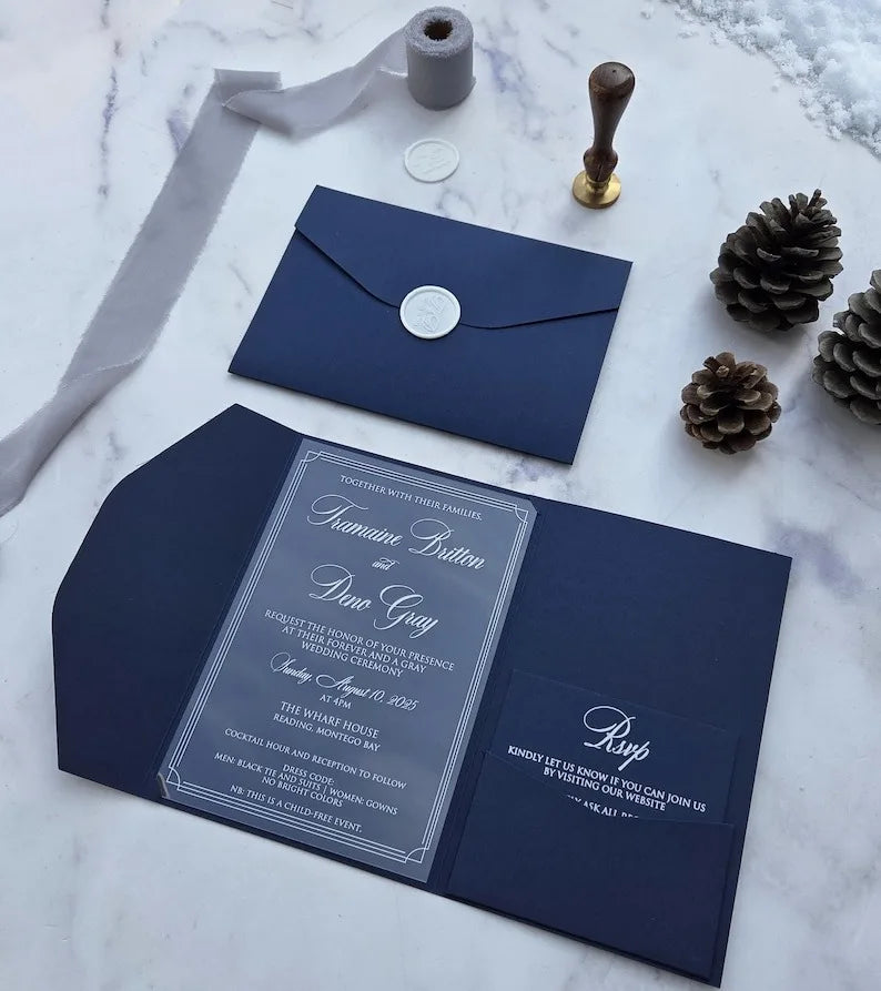 Royal Blue Doc Pocketfold Invitation Wedding Card Clear Acrylic Marriage Engagement Invitations Suite