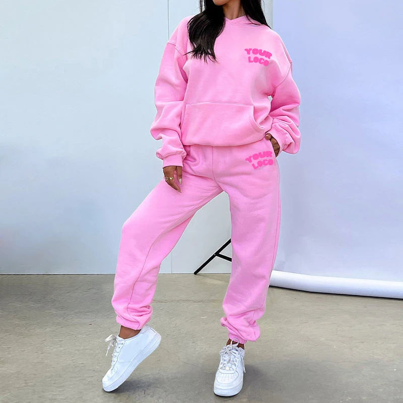 L230720 Manufacturers OEM Custom LOGO Embroidery Emboss Fleece Pink 3d Puff Print Pullover Oversized Hoodie And Joggers Set