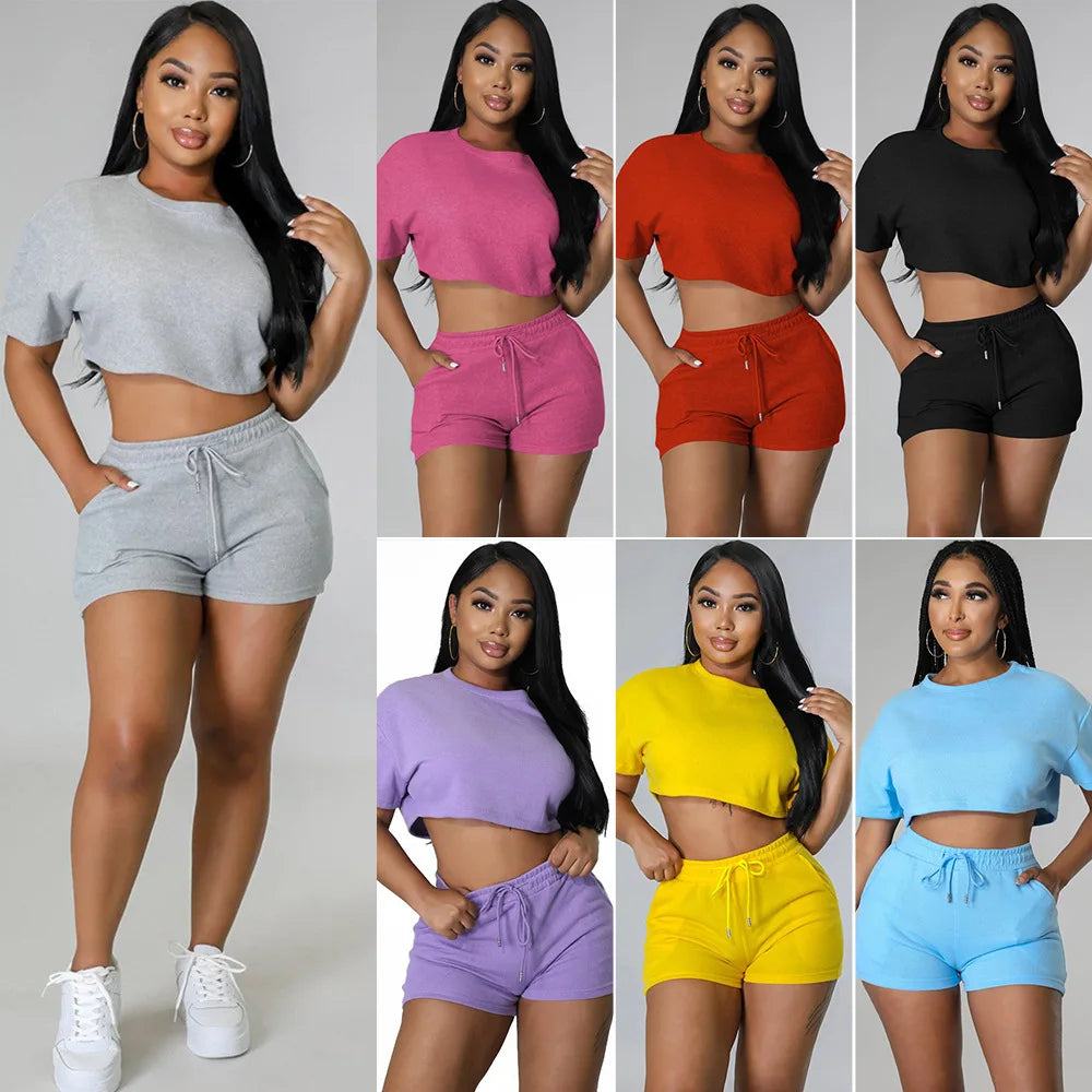 New Arrival Custom Logo Summer Casual Two Piece Set Women Clothing Short Sleeve Crop Top Shorts Tracksuit Outfits