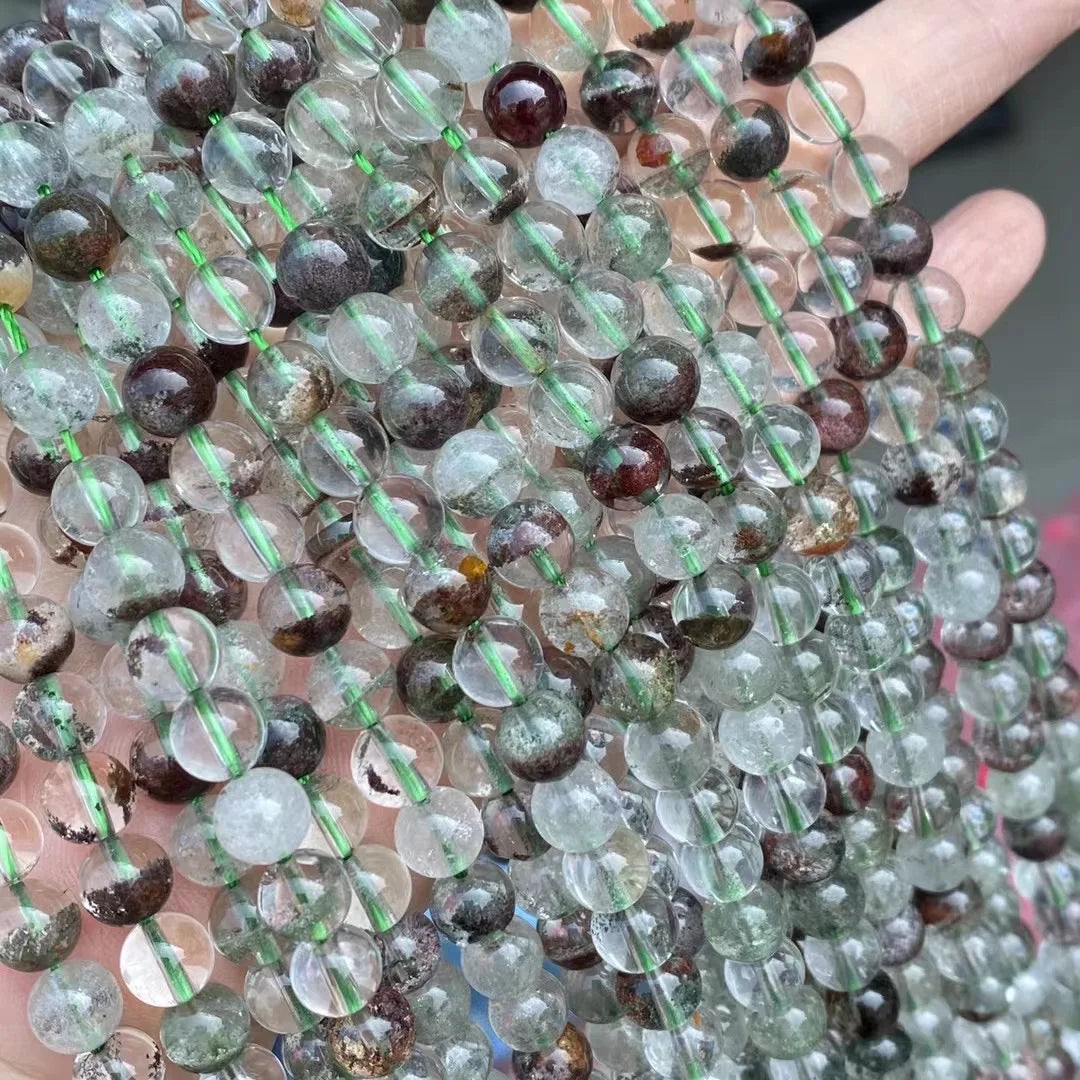 Healing Stone Smooth Loose Round Gemstone Beads Green Phantom Quartz Crystal Strand for Bracelet DIY Jewelry Making