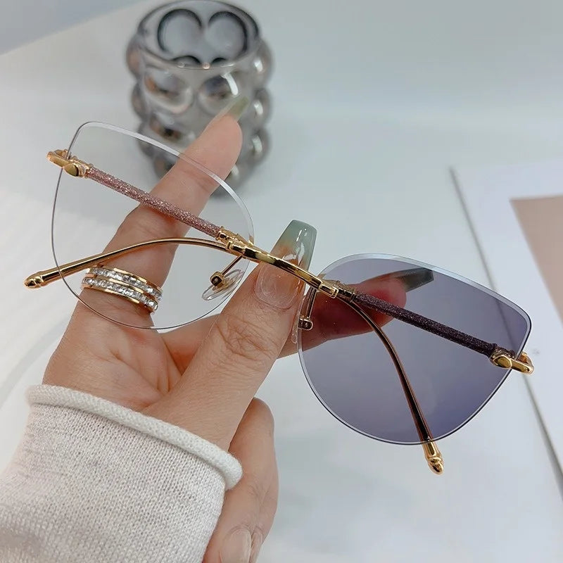 2 in 1 Photochromic Glasses Anti Radiation Cat's Eye Rimless Glasses for Women Anti Blue Light Phototropy Metal Glasses Frame