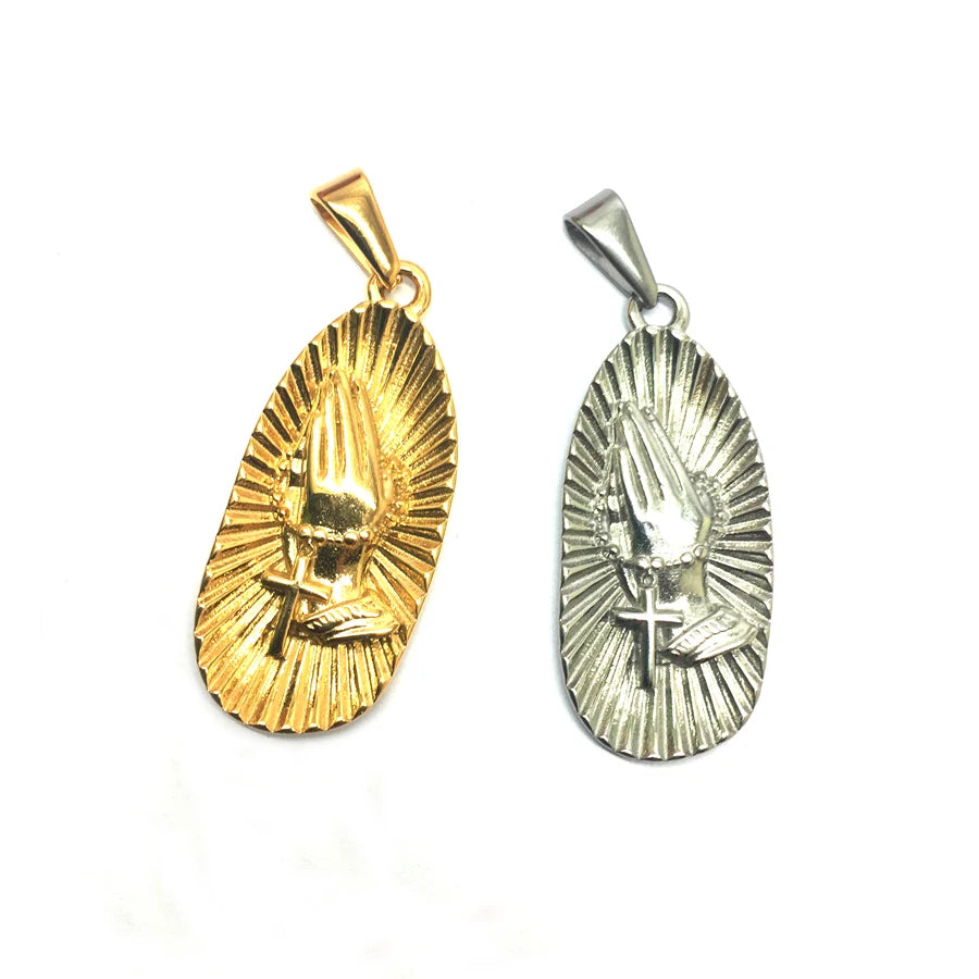 Hip Hops Pray Hand Pendant Buddhism Christian Jewelry Gold Plated Stainless Steel Praying Hands Necklace for Men Women