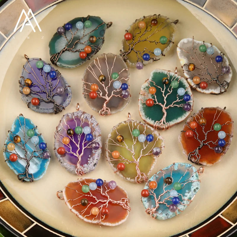 Large Agate Healing 7 Chakra Stone Bead Pendants  Slice Slab Agate Tree of Life Charms DIY Jewelry Supplies