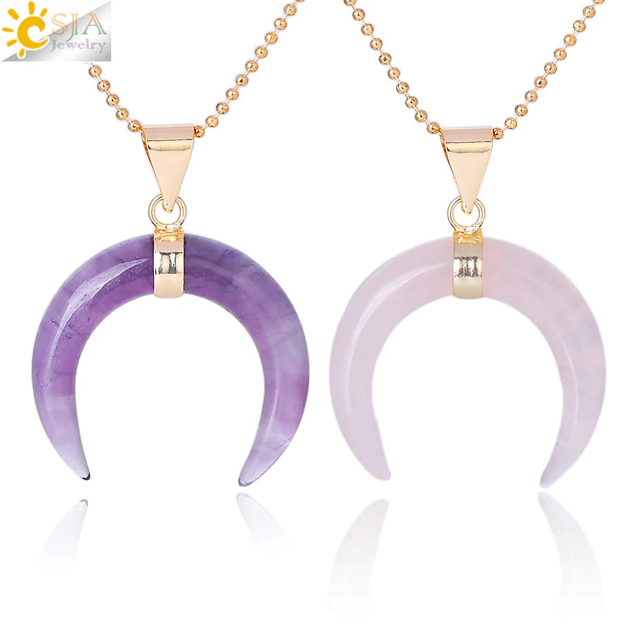 CSJA Natural Crystal Moon Pendant Gemstone Amethyst Double Horn Crescent Necklace Jewelry for Women F306