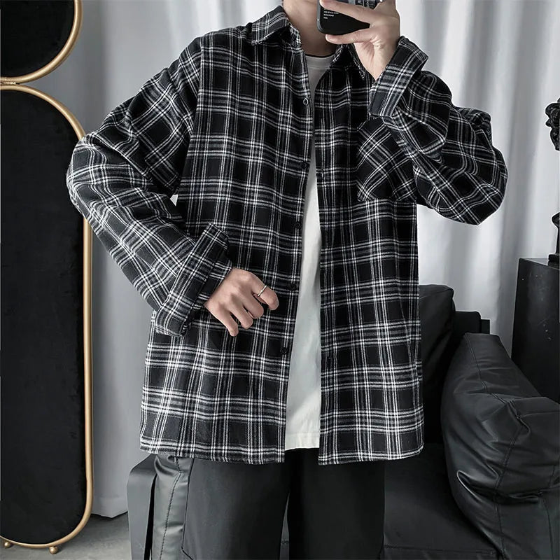 Men Shirts Oversized Plaid Shirt Button up Hip Hop Long Sleeve Tops Korean Harajuku Mens Clothing Casual Vintage