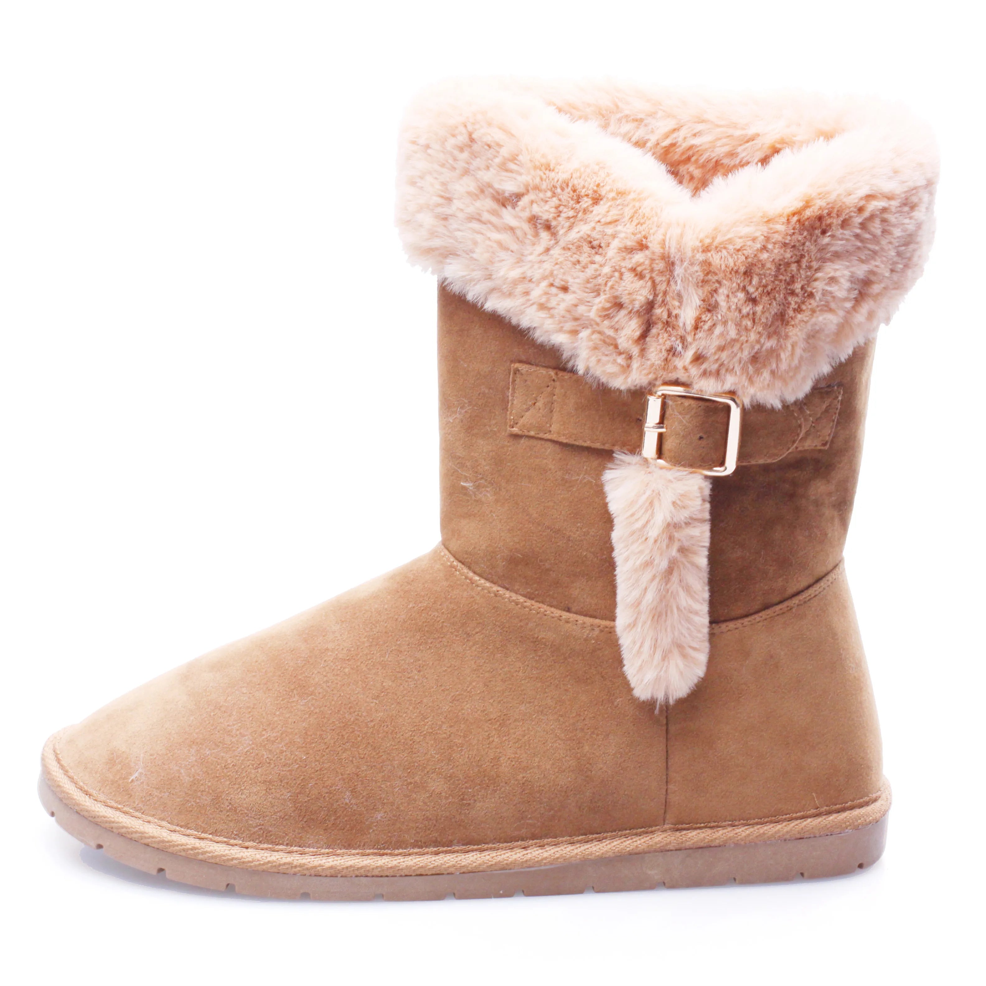 Stock the Women Fashion Basic Snow Boots Brown Fur Microfiber TPR Outsole Flat Round Toe Buckle Stripe Shoes