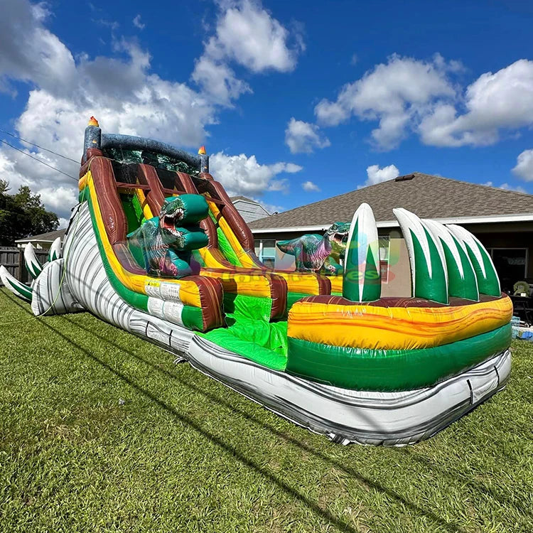 Commercial Outdoor 0.55mm Pvc Vinyl Waterslide Dinosaur Inflatable Slide Double lane Bounce House Inflatable Water Slide Party