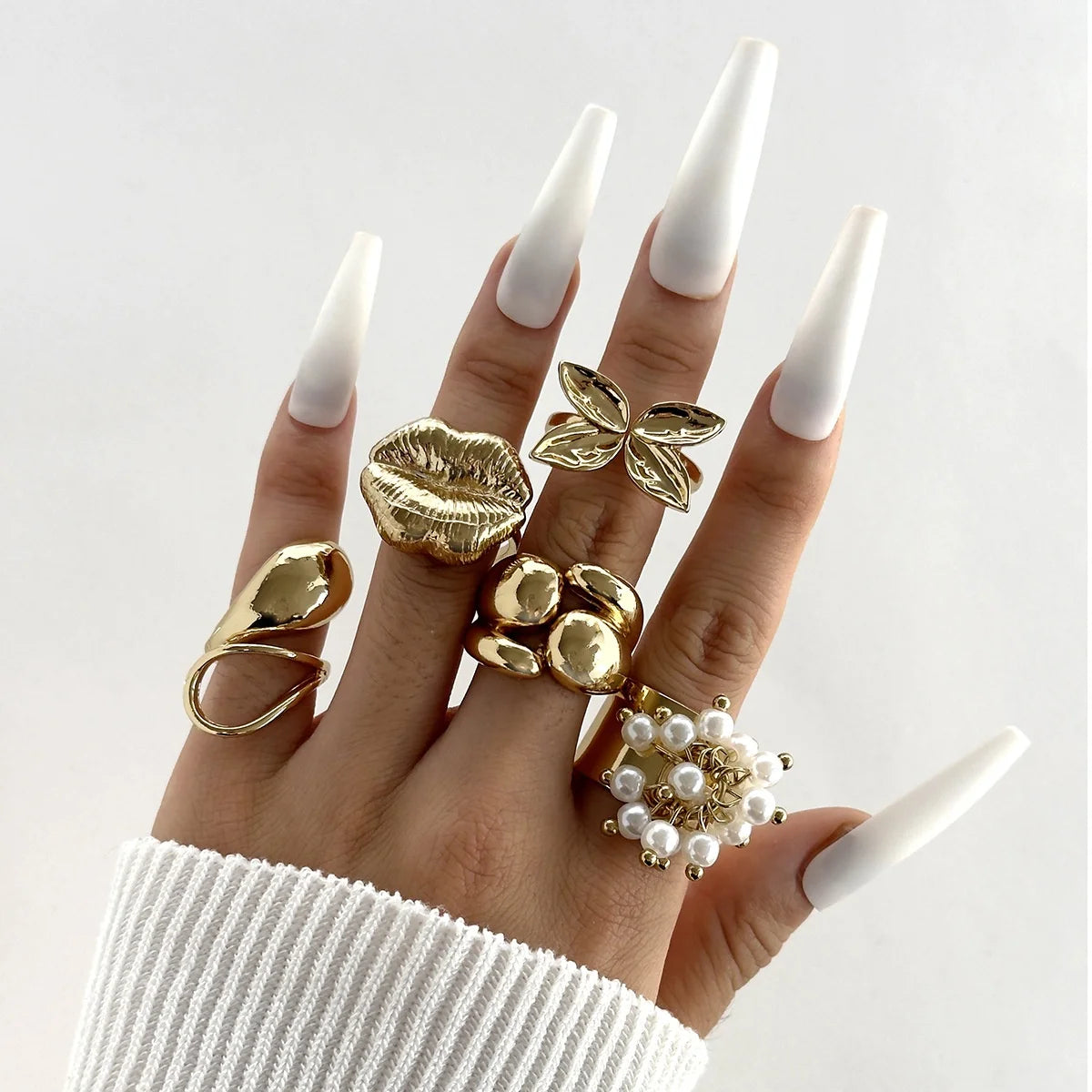 European American Cross-Border Five-Piece Set Geometric Exaggerated Lip Snake-Shaped Alloy Imitation Pearl Pendant Earrings Open
