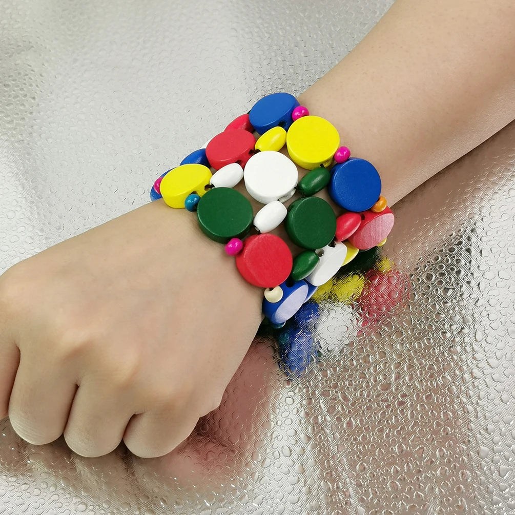 HANSIDON Handmade Wooden Bracelet Adjustable Elastic Rope Boho Wood Beads Multicolor Bracelet Ethnic Jewelry
