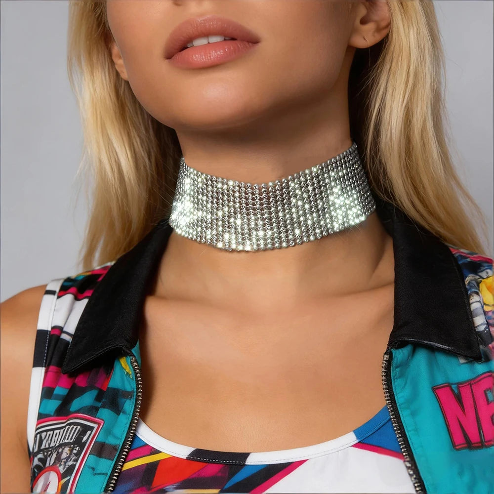 Shiny Full Rhinestone Short Choker Necklace for Women Trendy Ladies Wide Collar on Neck Wedding Accessories Fashion Jewelry Gift