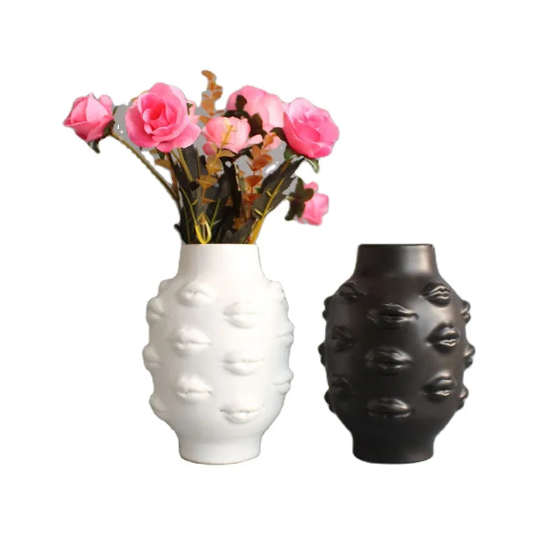 Nordic Ins Creative Personality Face Lip Vase Modern Floral Artistic Tabletop Vase for Home Decor Ceramic Porcelain Eco-Friendly