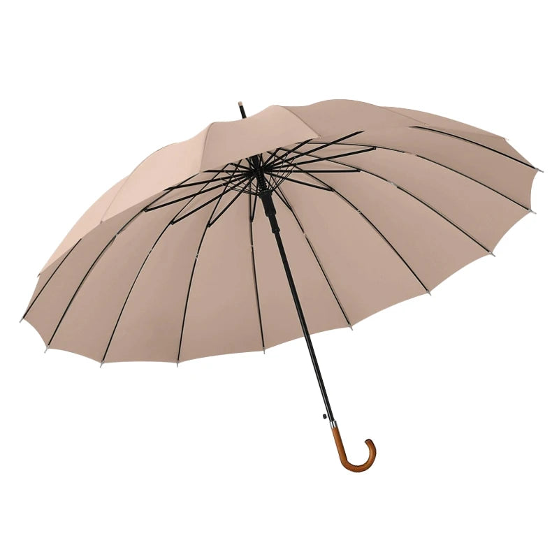 Custom 27 Inch Stylish 16 Ribs Wood Hook Handle Metal Top Auto Open Waterproof Windproof Sunshade Straight Stick Umbrellas