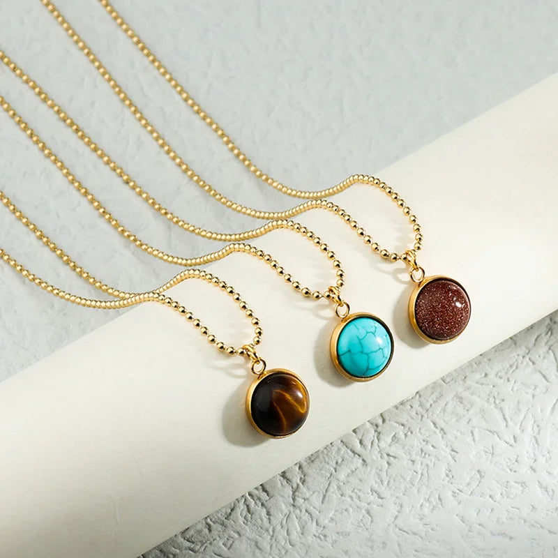 Stainless Steel Gold Plating Jewelry for Women Natural Stone Blue Amazonite Lapis Lazuli Pendant Necklace