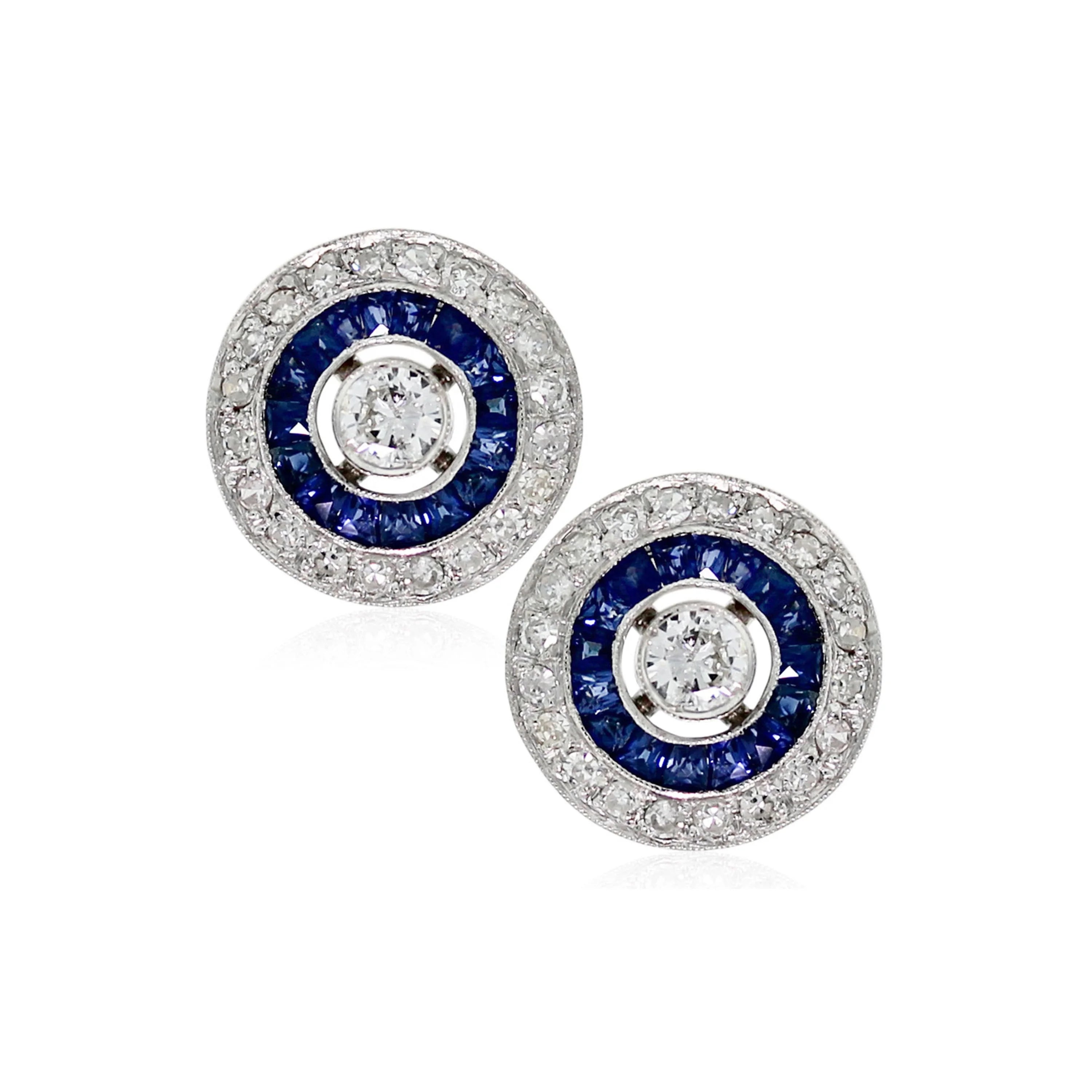 Women Silver 18K Gold Plated Round Blue Sapphire CZ Stud Earrings Halo Bezel Women Fashion Earrings for Party Gift