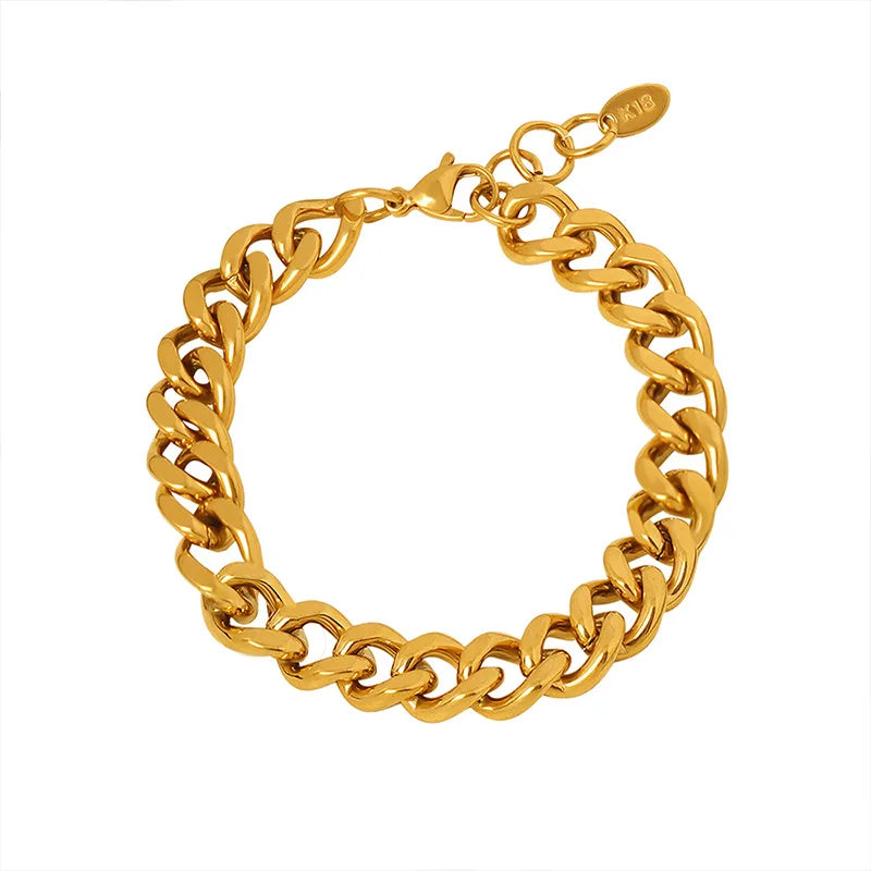 Hiphop 18K Gold Plated Cuban Link Chain Bracelet Stainless Steel Curb Cuban Chain Bracelet for Couple