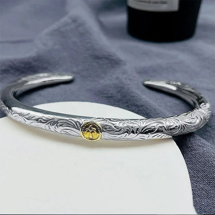 Hiphop Vintage Personalized Creative Tang Grass Pattern S925 Silver Punk Premium Bracelet Men Bangles