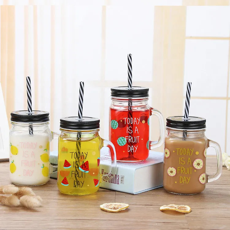 Customized Gradient Engraved Color Wide Mouth Square Juice Drinking Handle Glass Mason Jar