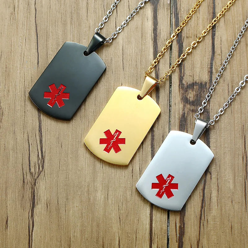 Charms Engraved Medical Blank Pendant Necklace 18K Gold Plated Stainless Steel Fashion Red Enamel Medical Alert Necklace