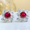 Huitan Women's Wedding Earrings for Wholesale Bulk Exquisite Flowers Design Red Crystal Silver Plated CZ Stud Earrings for Women
