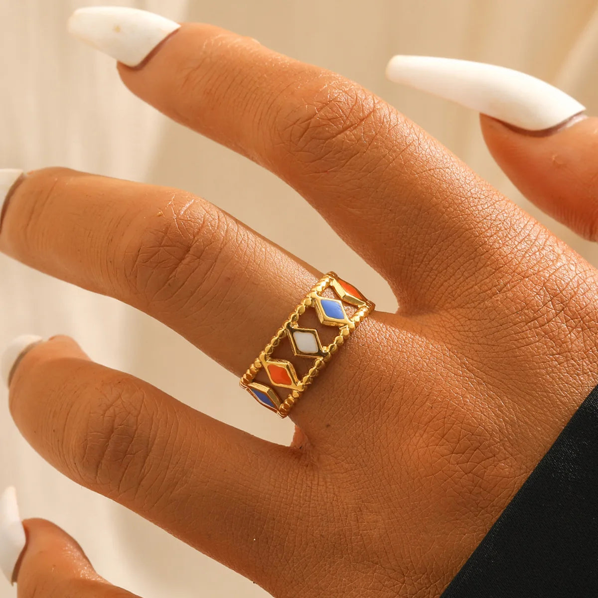 Beimai OEM Anillo Hollow Diamond Colored Oil Dripping Stainless Steel Waterproof Open Women  Ring