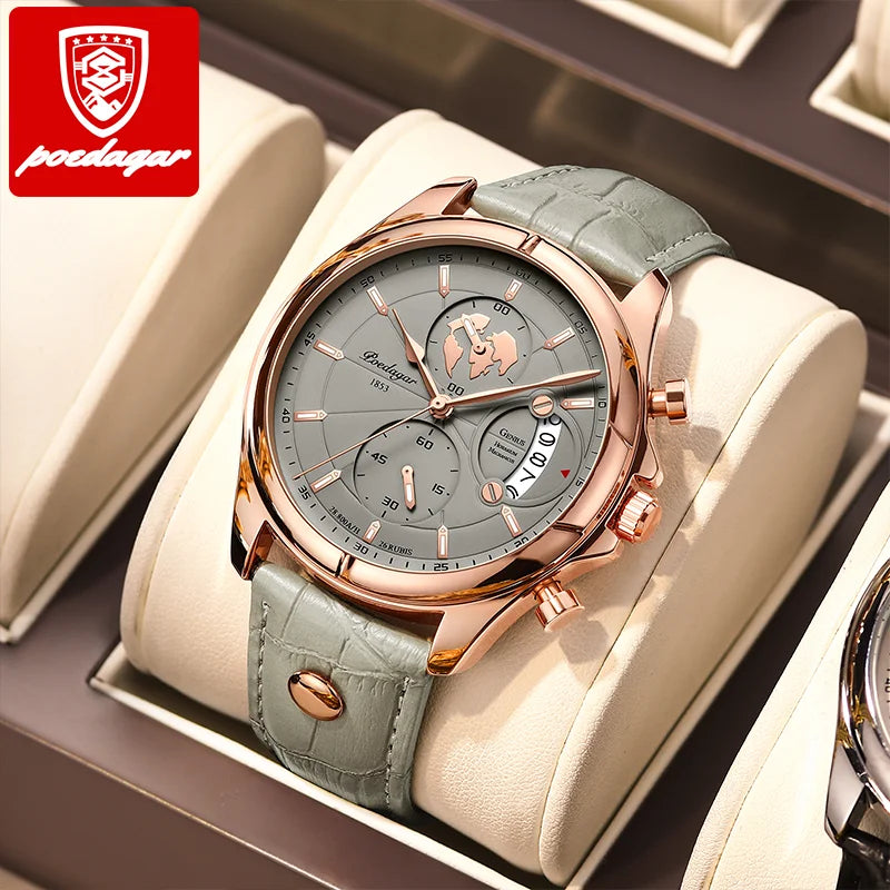 POEDAGAR 989 Businesses Quartz Watch for Men Top Luxury Waterproof Luminous Leather Sport Chronograph Wristwatch