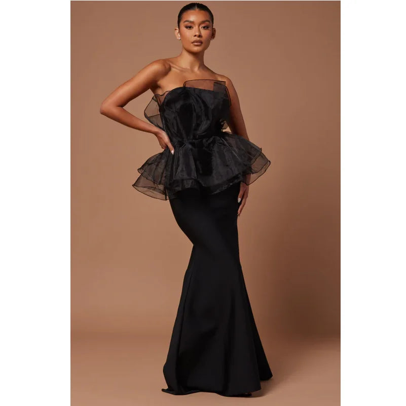 C3713 Banquet Prom Elegant Evening Gowns Black Strapless Multi Layered Mesh Pleated Mermaid Slim Bandage Women Long Dresses