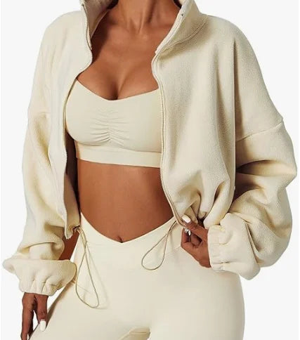 Women's Casual Lamb Cashmere Sports Coat Long Sleeve Zipper Jumper Stand Collar Winter Activewear Embossed Polar Fleece Short