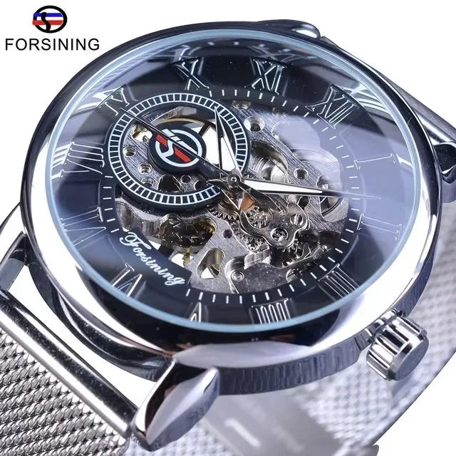 For Forsining Men's Fashion Oval Steel Band Watch Luxury Business Street Series Hollow Mechanical Wristwatches for Sport Relogio