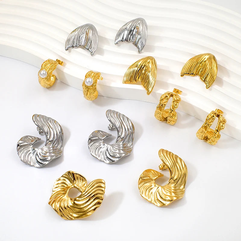 Italian Fashion Stainless Steel Jewelry Chunky Textured Earring Wholesale Gold Plated Designer Woman Fine Jewelry Stud Earrings