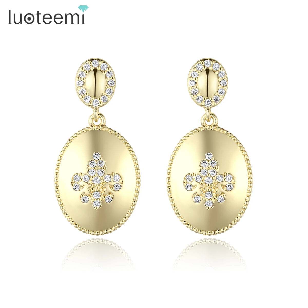 LUOTEEMI Hiphop Jewelry 18K Real Gold Plated Earrings Diamond Zirconia Geometric Gold Oval Earrings for Women Men