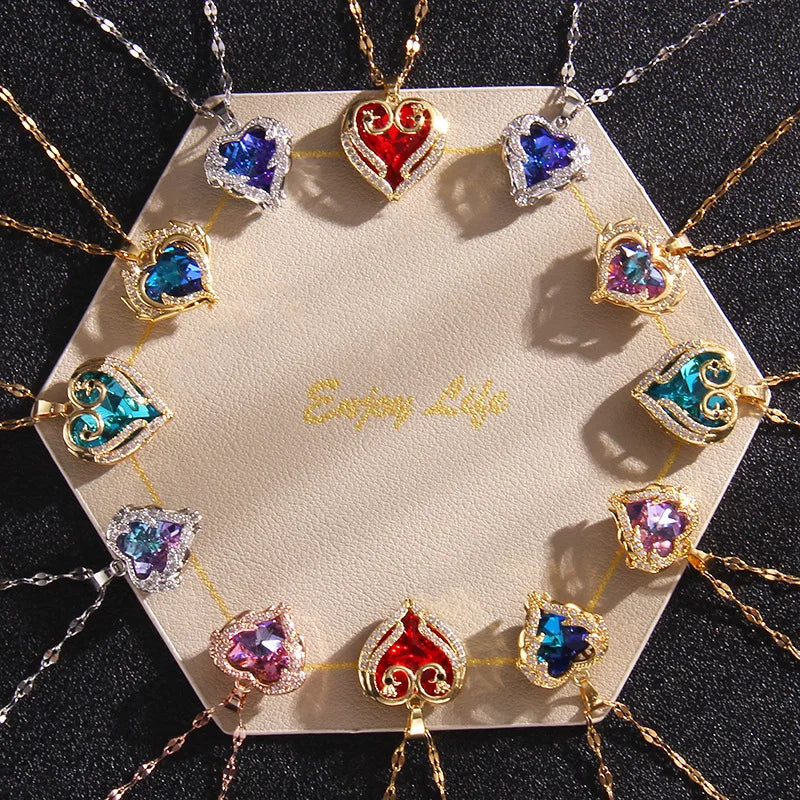 DAIHE New Fashion Jewelry Heart Pendant Multicolor Crystal Cubic Zirconia Stainless Steel Necklace