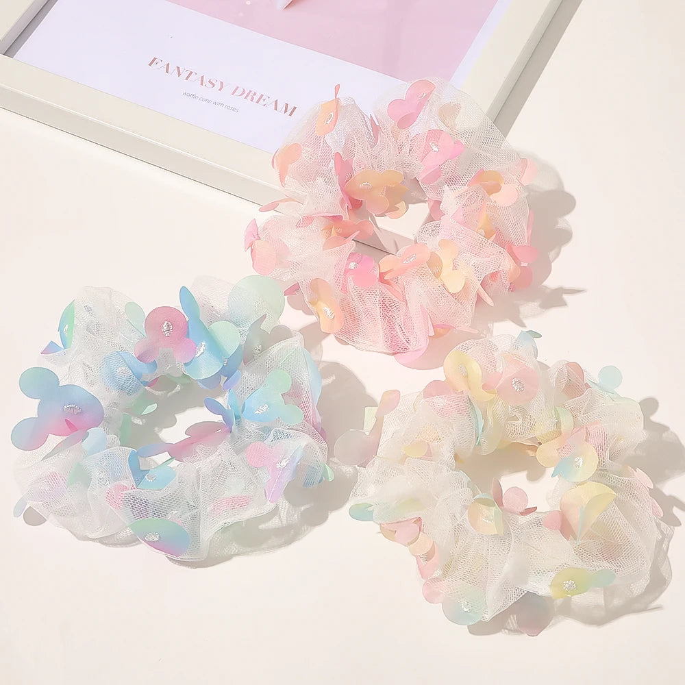 2021 New Super Fairy Mesh Embroidery Mouse Synthetic Hair Scrunchies Elegant Soft Rubber Hair Accessories for Girls