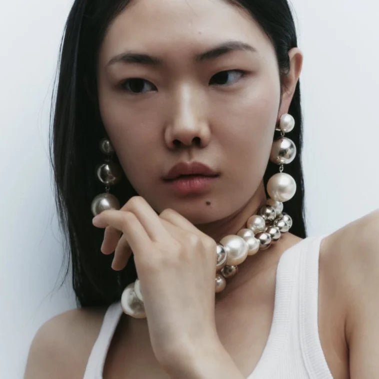 2023 New ZA Big Imitation Pearl Beaded Dangle Earrings Necklace Set for Women Fashion Holiday Party Jewelry Wholesale