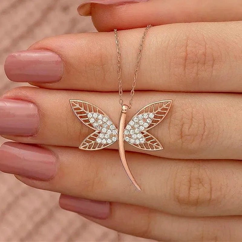 CAOSHI Lover Girls Jewelry Fashion Elegant High Quality Diamond Animal Dragonfly Rose Gold Plated Copper Women Pendant Necklace