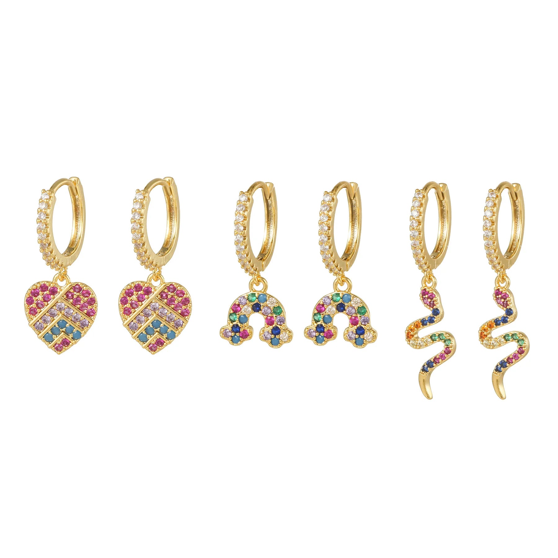 Zuola Fine Jewelry Dangle Drop Huggie Earring 18K Gold Plated Colorful Zircon Heart Snake Rainbow Charm Earring for Women